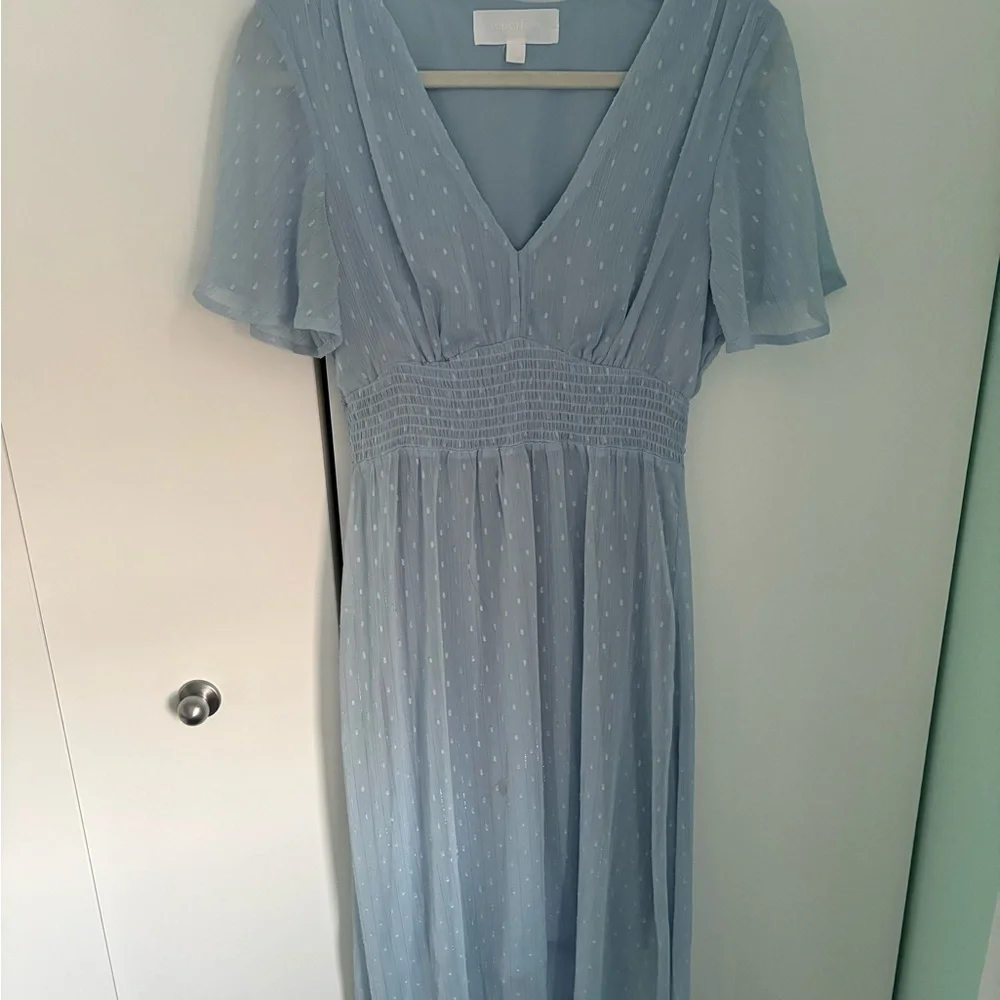 Women's Light Blue V-Neck Maxi Dress with Smocked Waist - Picture 1 of 7